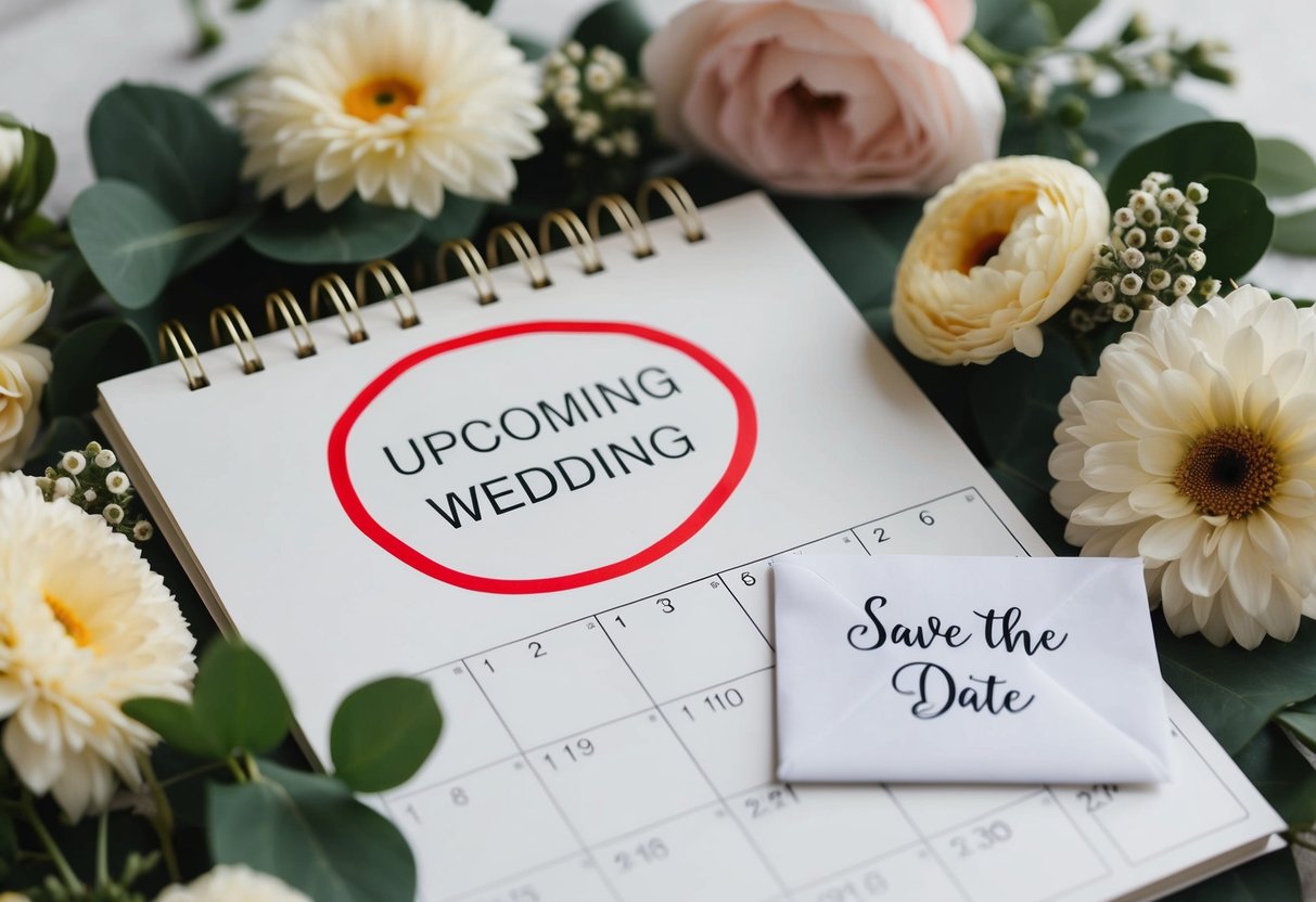 A calendar with the month of the upcoming wedding circled in red, surrounded by floral decorations and a small envelope with "Save the Date" written on it