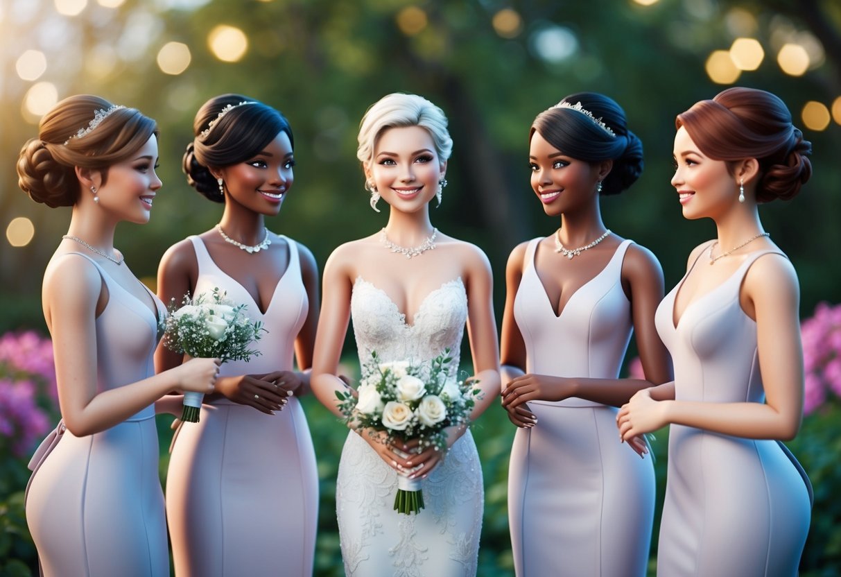 A group of virtual avatars stand together, dressed in elegant bridesmaid attire, smiling and chatting in a digital wedding setting