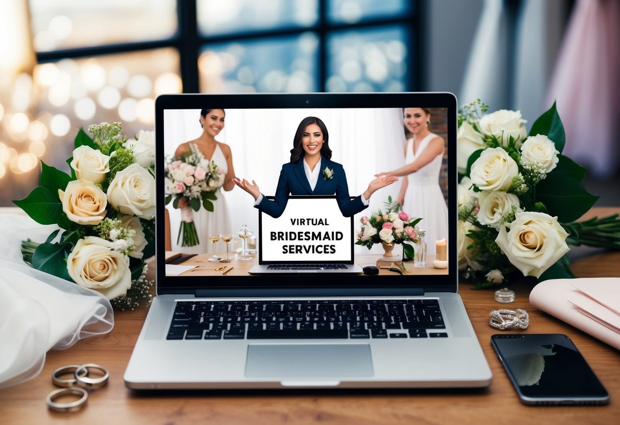 A laptop displaying a virtual bridesmaid offering services, surrounded by wedding-related items like flowers, rings, and dresses