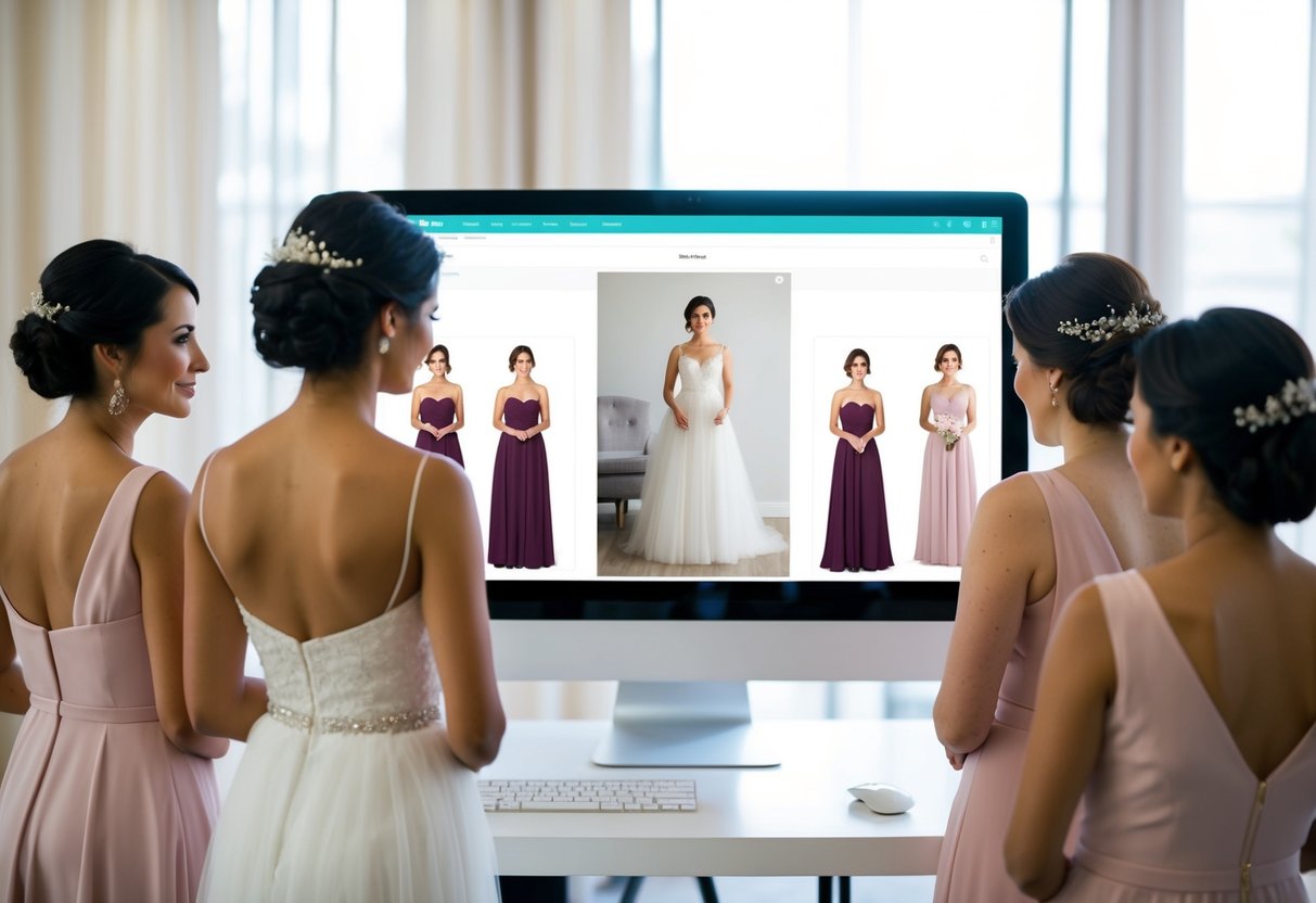 A bride standing in front of a computer, surrounded by different virtual bridesmaid options on the screen. She is carefully considering her choices