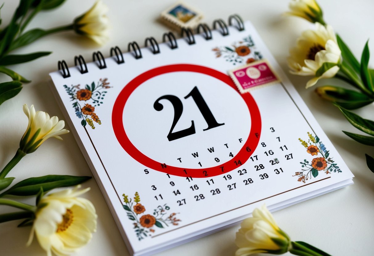 A calendar with a date circled in red, surrounded by floral and decorative elements, with a small envelope and stamp in the corner