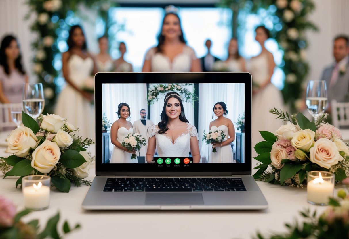 A laptop displaying a virtual bridesmaid attending a wedding ceremony via video call, surrounded by flowers and wedding decor