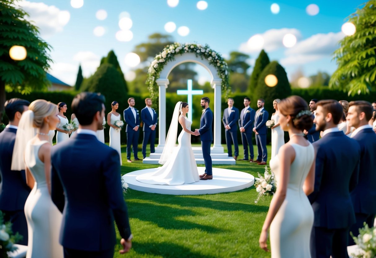 A virtual wedding: A bride and groom avatar stand before a digital altar, surrounded by virtual guests in a garden-like setting