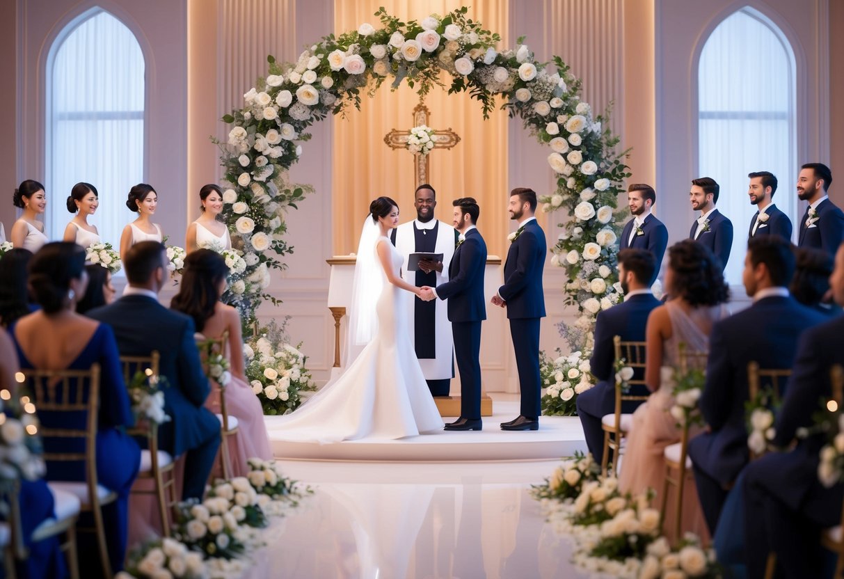 A virtual wedding ceremony taking place in a beautifully decorated digital space, with avatars of the bride and groom standing in front of a virtual officiant and surrounded by virtual guests