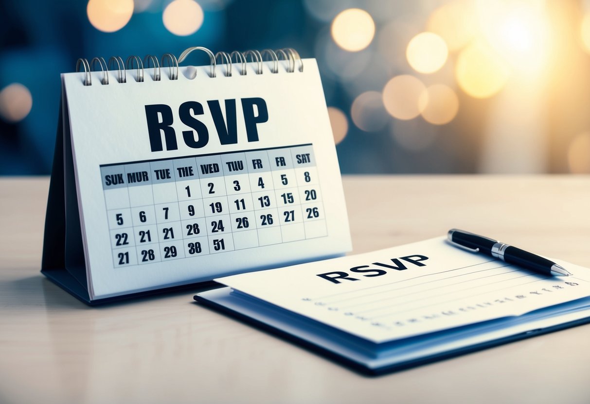 A calendar with a highlighted date, an open invitation, and a pen hovering over the RSVP deadline
