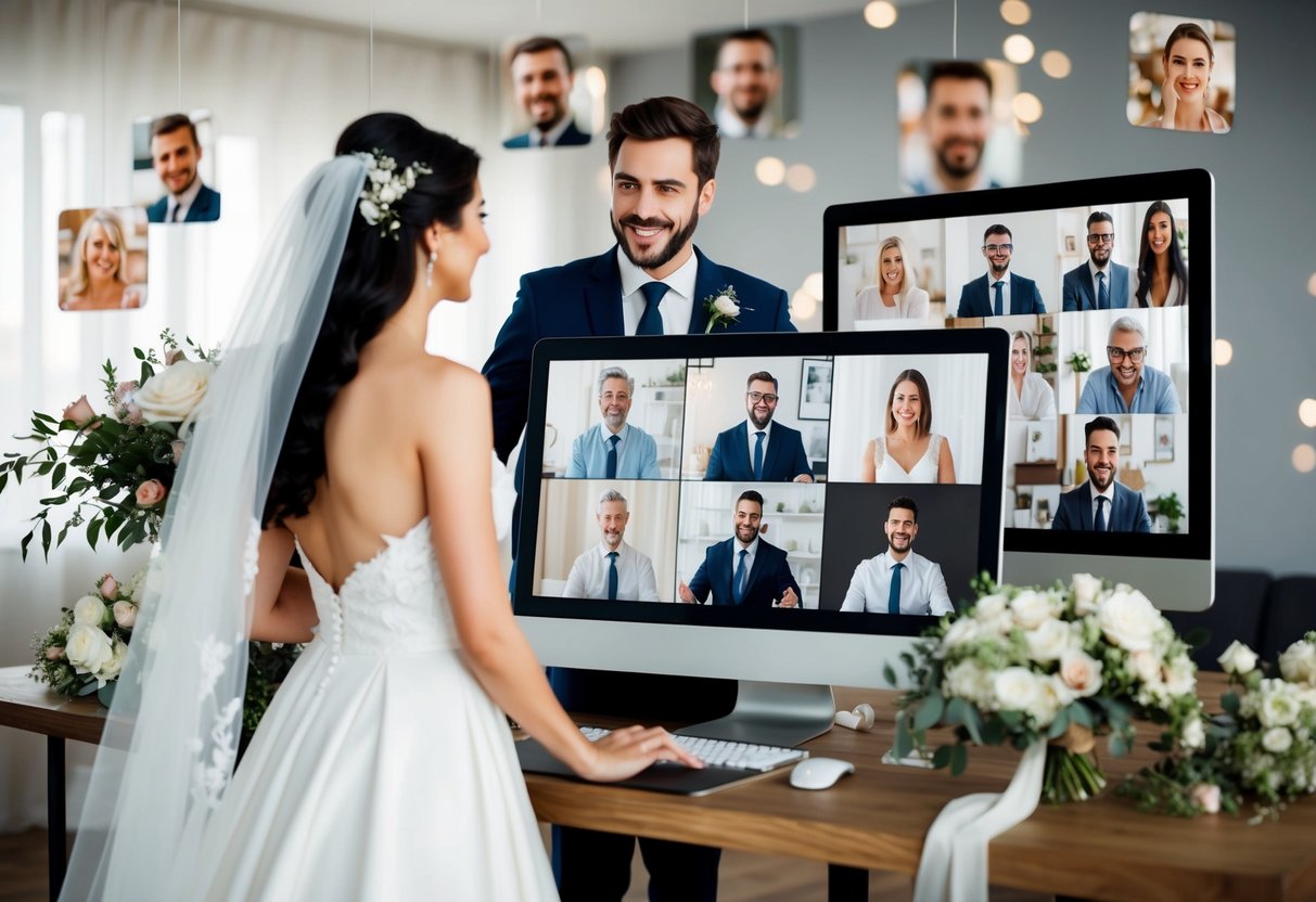 A bride and groom stand in front of a computer screen, surrounded by virtual guests on a video call. Wedding decorations and flowers adorn the room