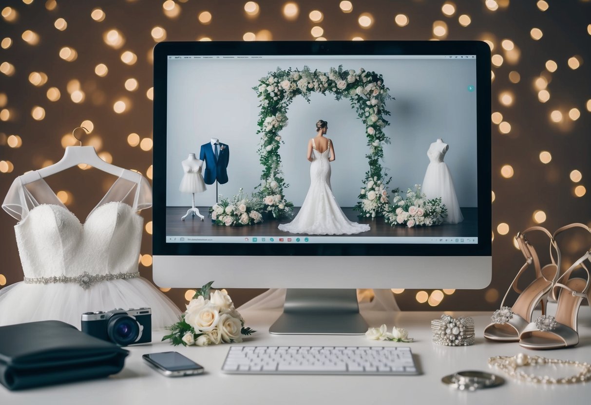 A computer screen with a virtual wedding backdrop, surrounded by virtual wedding attire and accessories