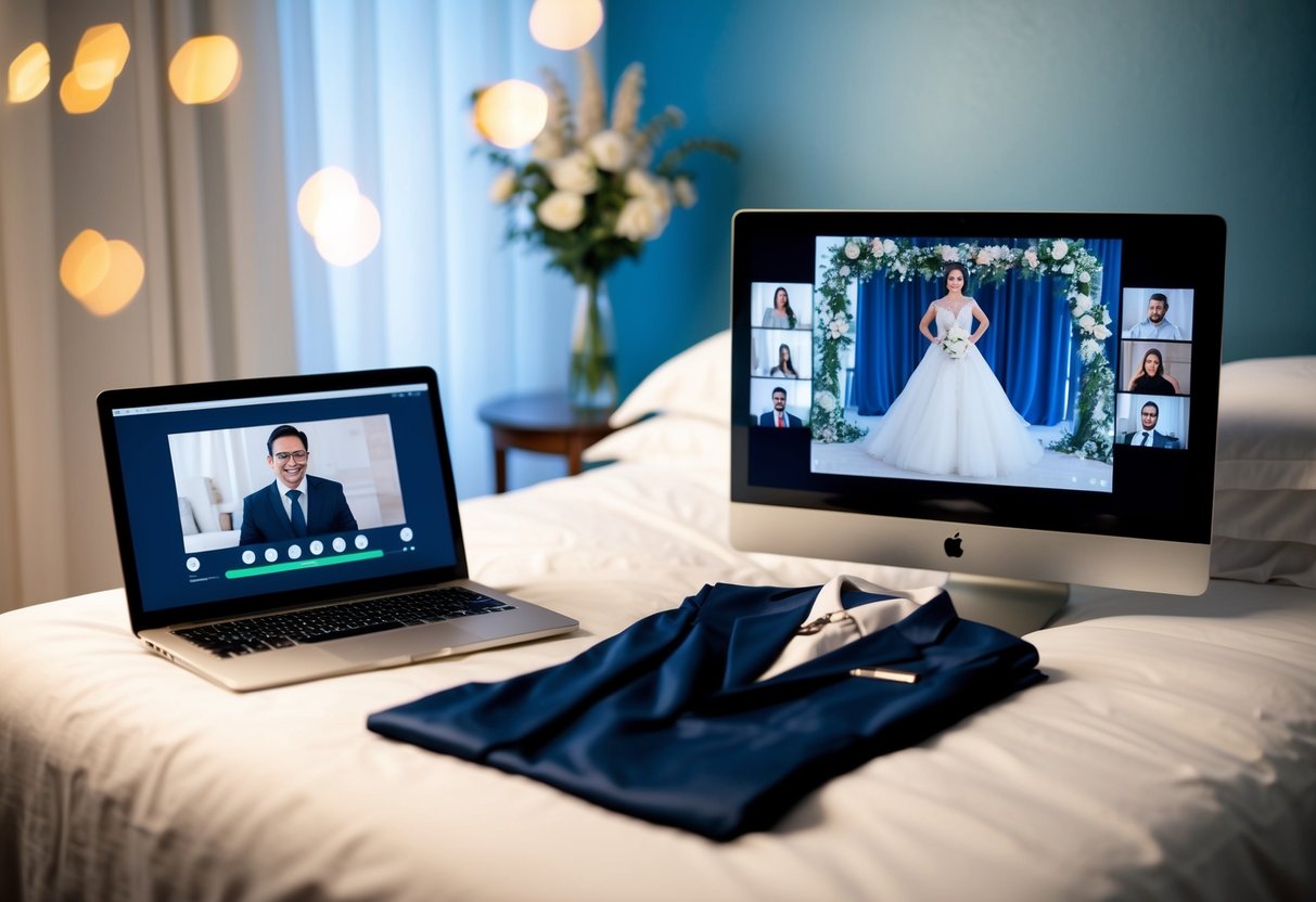 A computer screen with a virtual wedding backdrop, a formal outfit laid out on a bed, and a laptop with a video call in progress