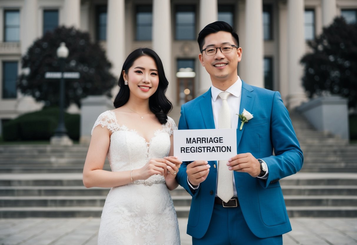 A couple standing in front of a government building with a sign indicating marriage registration