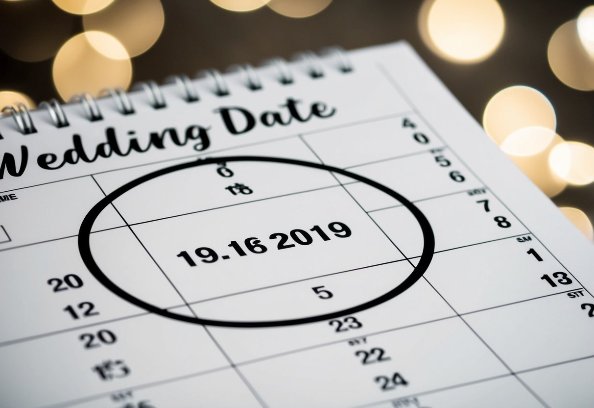 A calendar with a wedding date circled and surrounded by blank spaces for names and RSVPs
