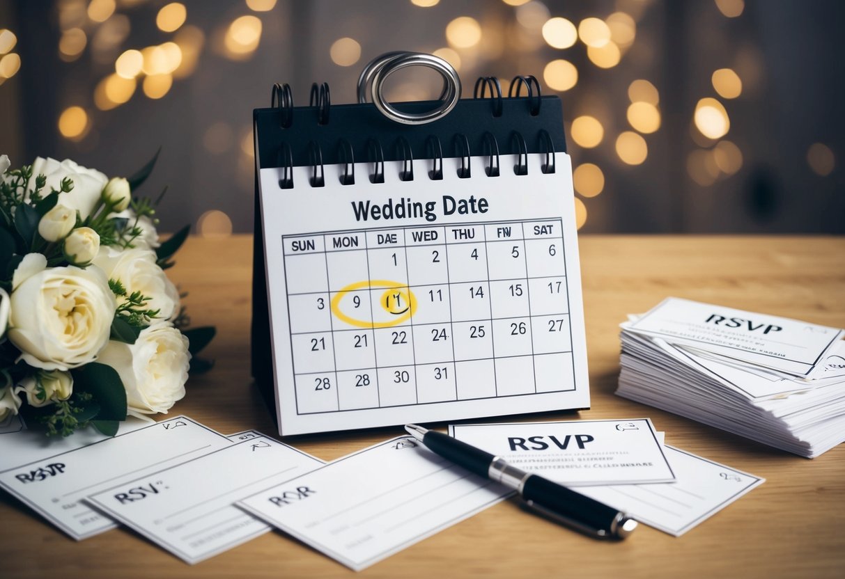 A calendar with a wedding date circled, surrounded by a pile of RSVP cards and a pen