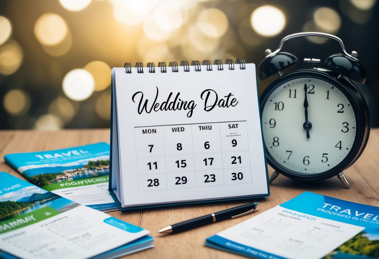 A calendar with a wedding date circled, surrounded by travel brochures and a clock showing the passage of time