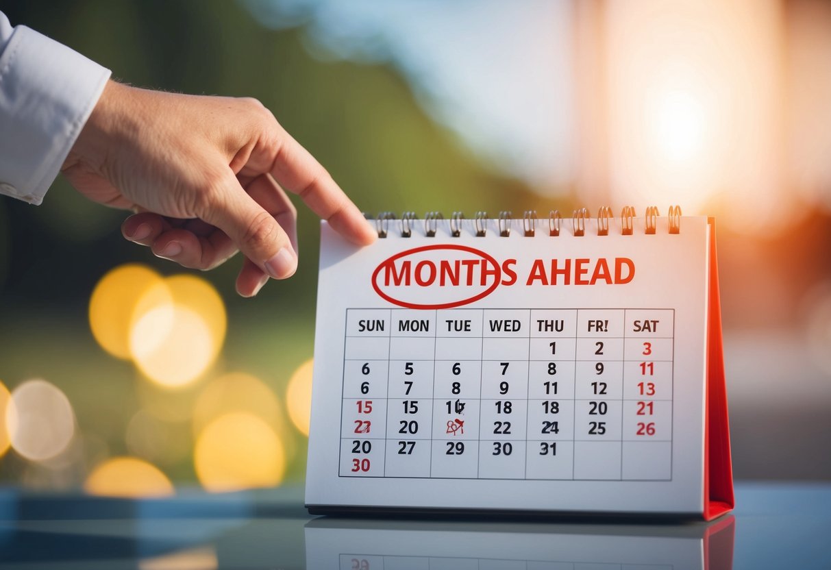 A hand reaching for a calendar with the month six months ahead circled in red