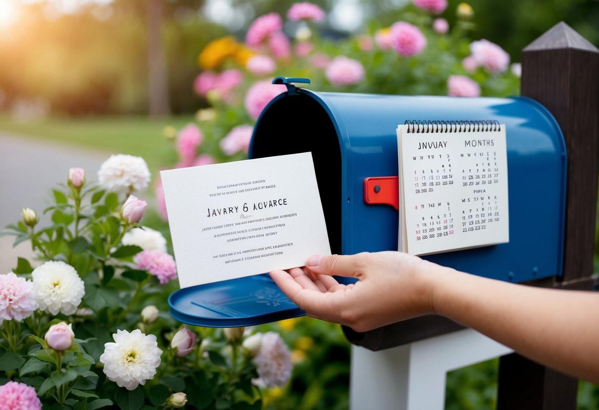 A hand placing a wedding invitation in a mailbox, surrounded by blooming flowers and a calendar showing six months in advance
