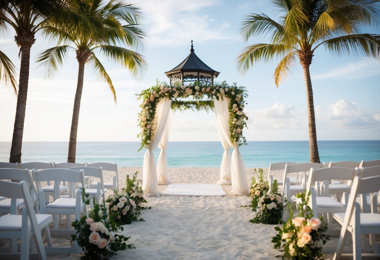 A serene beach setting with a palm tree-lined aisle and an elegant gazebo adorned with flowers, overlooking the sparkling ocean