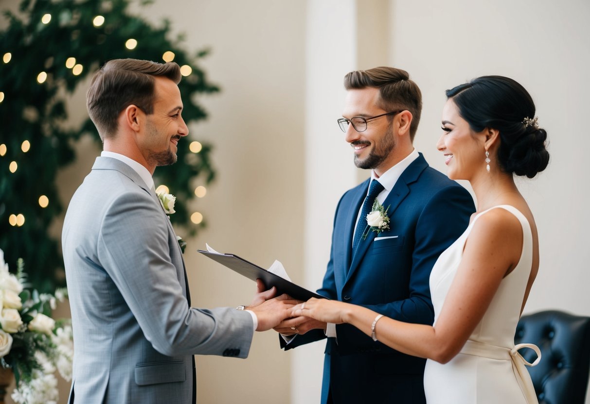 A couple standing before a registrar, exchanging vows in a simple, elegant ceremony