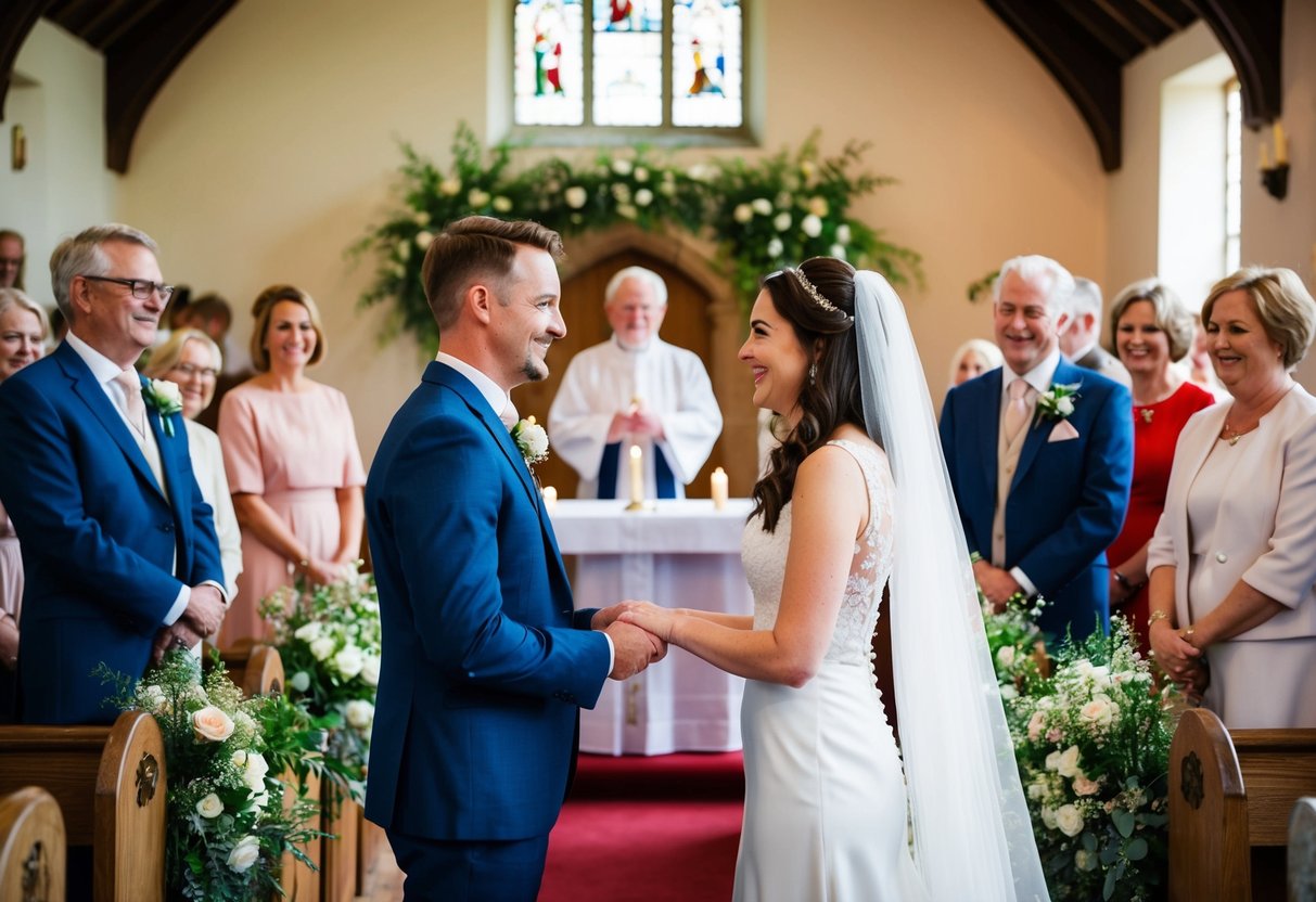 A bride and groom exchanging vows in a quaint English countryside church. Flowers and greenery decorate the altar as guests look on with joy