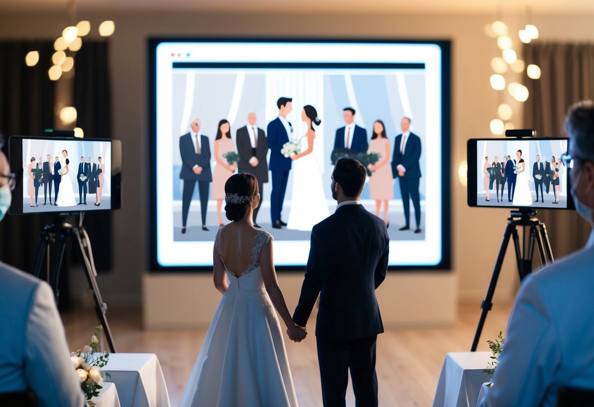 A virtual wedding ceremony with a couple standing in front of a screen, surrounded by virtual guests on video call