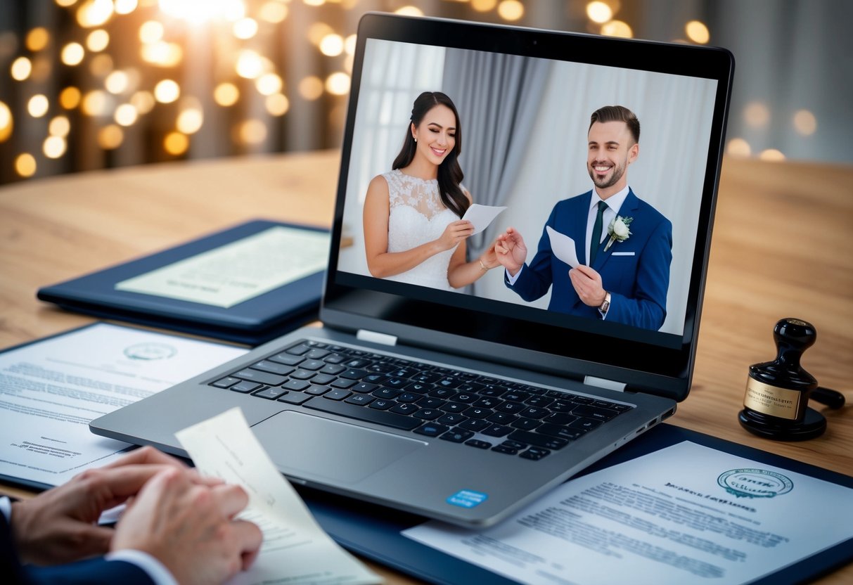A laptop displaying a virtual wedding ceremony with a couple exchanging vows via video call, surrounded by legal documents and a notary stamp