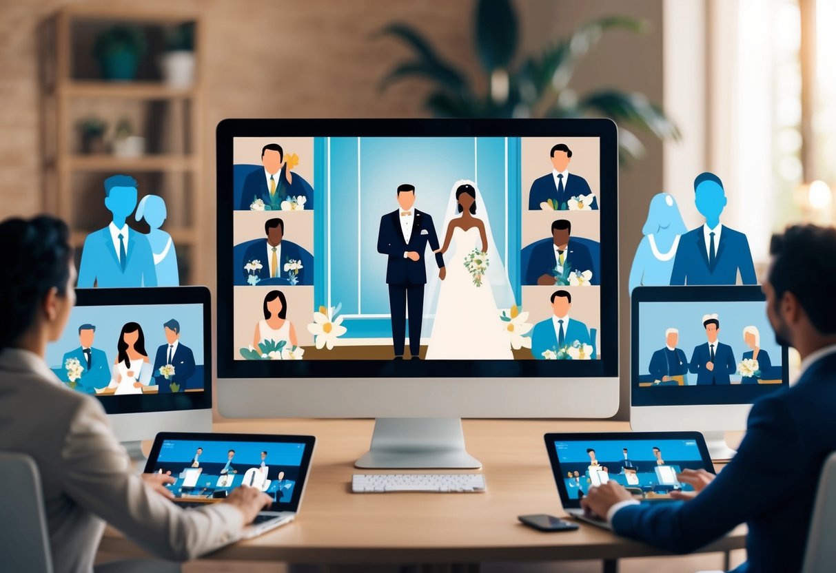 A virtual wedding ceremony with a couple standing in front of a computer screen, surrounded by virtual guests on video call