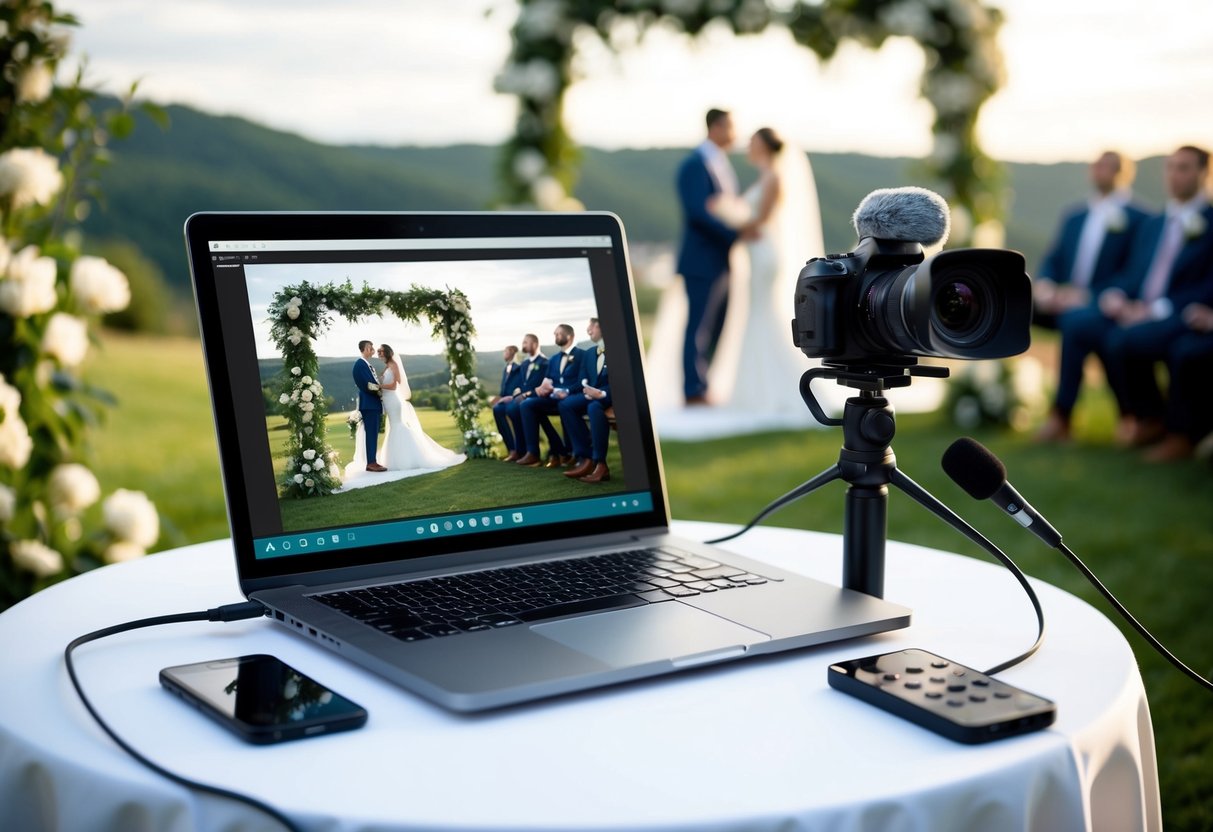 A laptop connected to a camera and microphone, streaming a wedding ceremony with a scenic backdrop