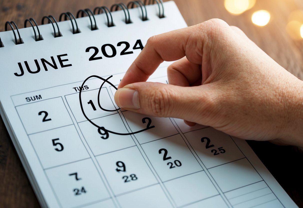 A hand reaching for a calendar, circling the date of June 2024