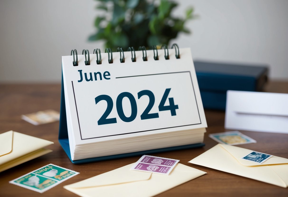 A calendar with the month of June 2024 highlighted, surrounded by envelopes and stamps