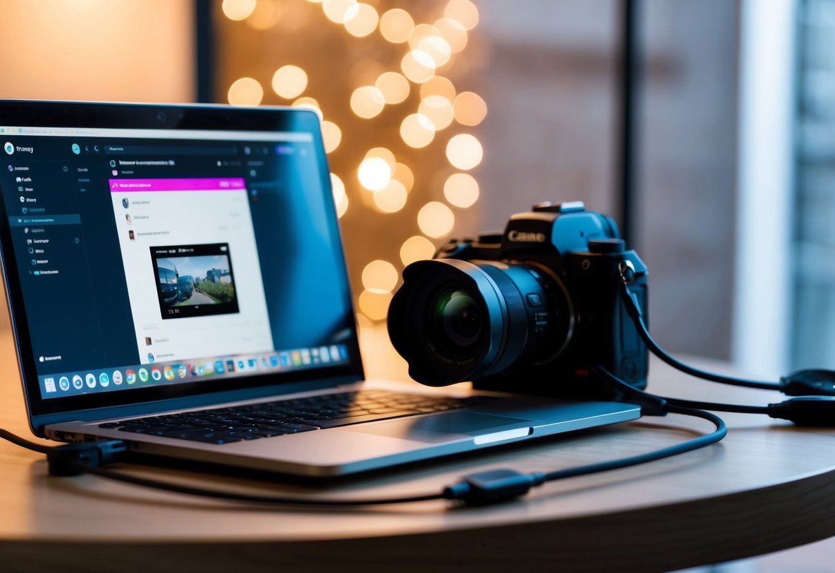 A laptop and camera set up on a table, with cables connected and a streaming platform open on the screen