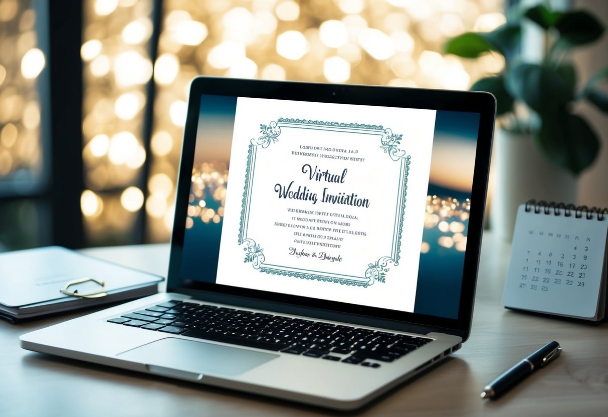A laptop displaying a virtual wedding invitation with a decorative border and elegant font. A calendar and pen nearby