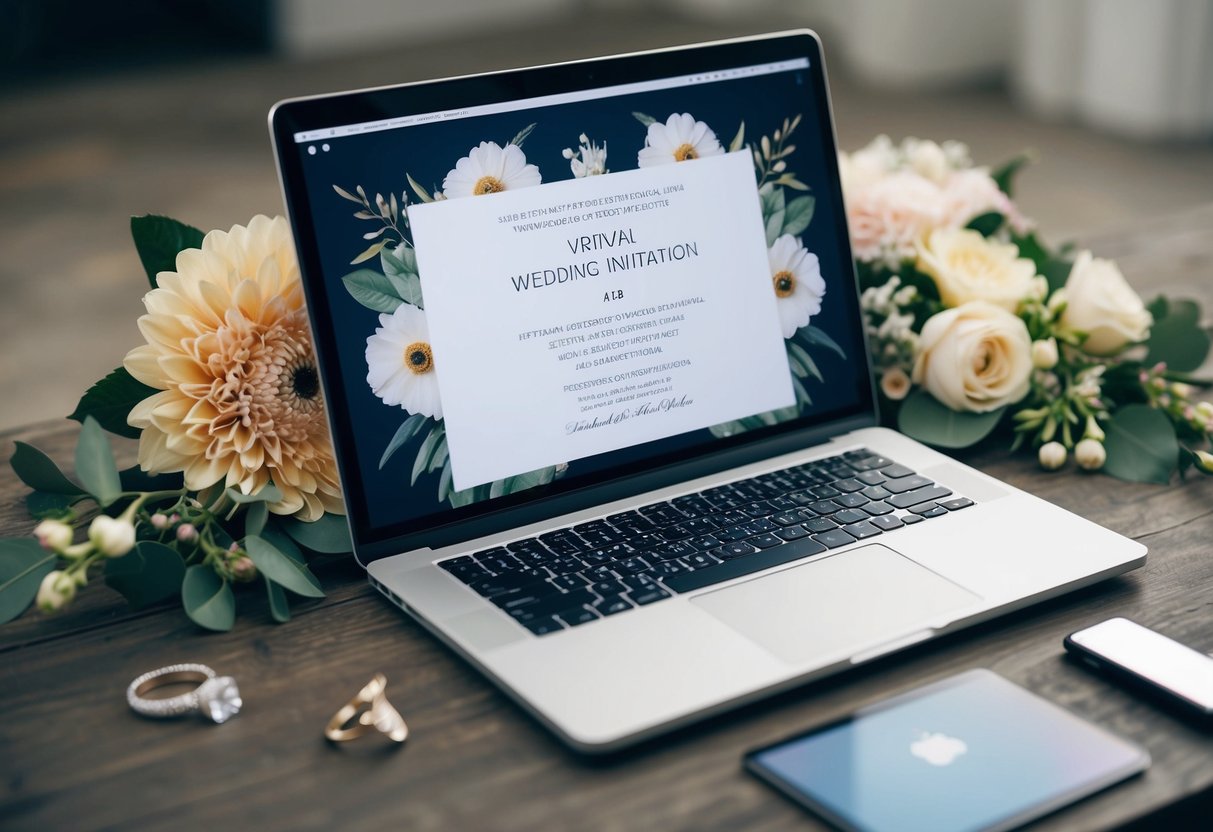A laptop with a virtual wedding invitation on the screen, surrounded by decorative flowers and a wedding ring