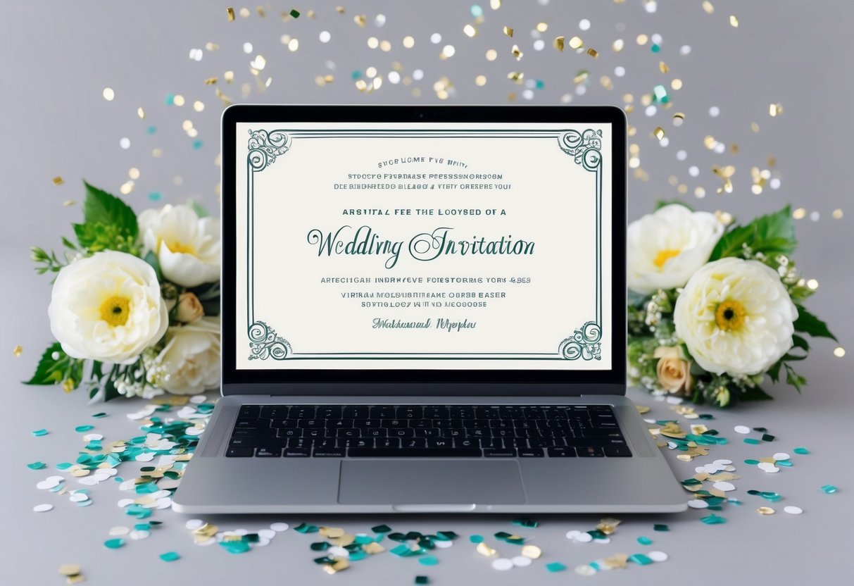 A laptop displaying a virtual wedding invitation with a decorative border and elegant font, surrounded by virtual confetti and floral decorations