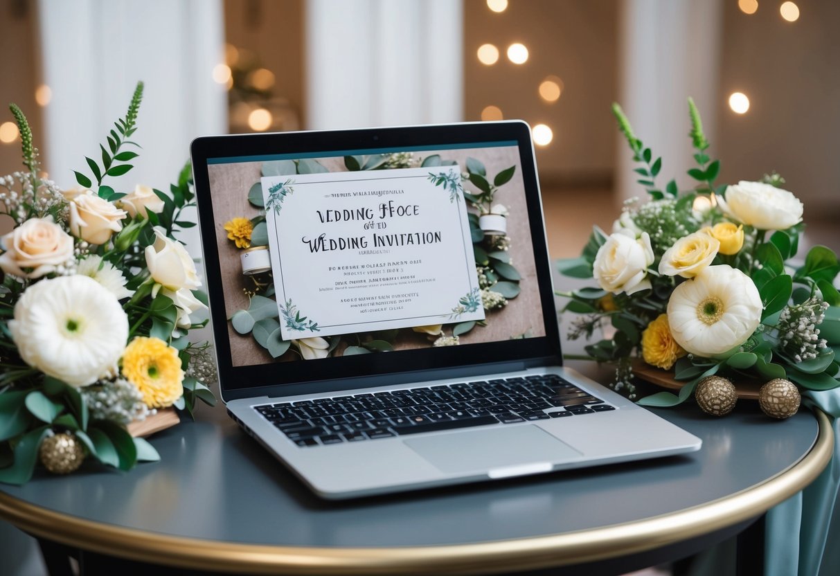 A laptop open on a table with a virtual wedding invitation displayed on the screen, surrounded by flowers and decorative elements