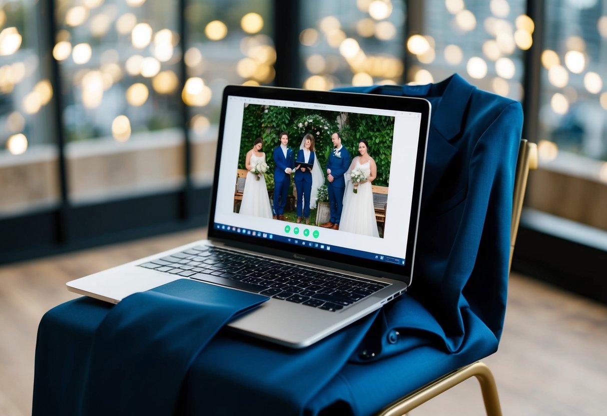 A laptop with a zoom call open, showing a virtual wedding ceremony. Wedding attire, such as a suit or dress, laid out neatly on a chair