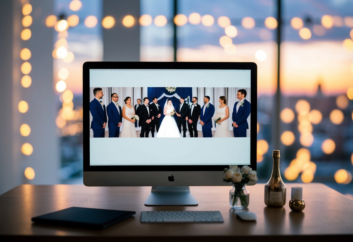 A computer screen with a virtual wedding in progress, showing attendees dressed in formal attire