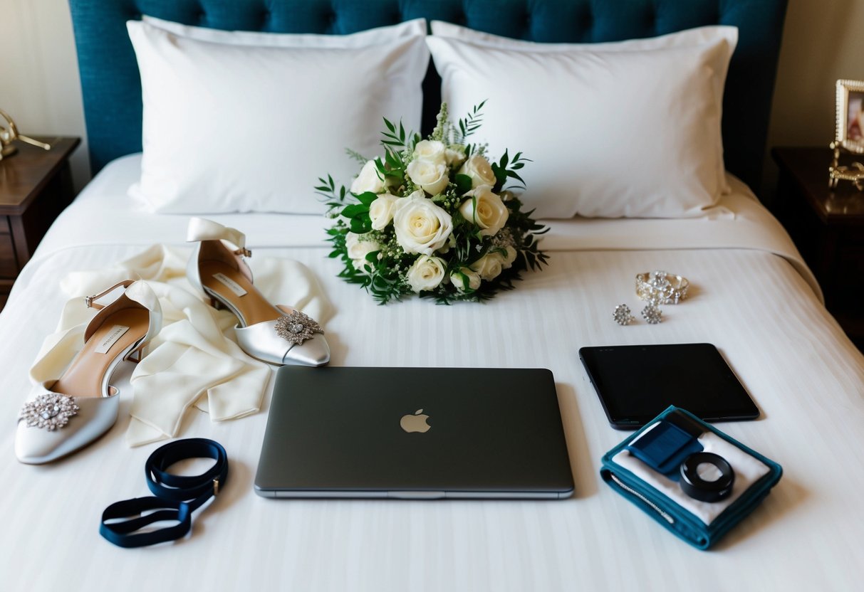 A laptop with a wedding outfit laid out on a neatly made bed, surrounded by accessories and a bouquet of flowers