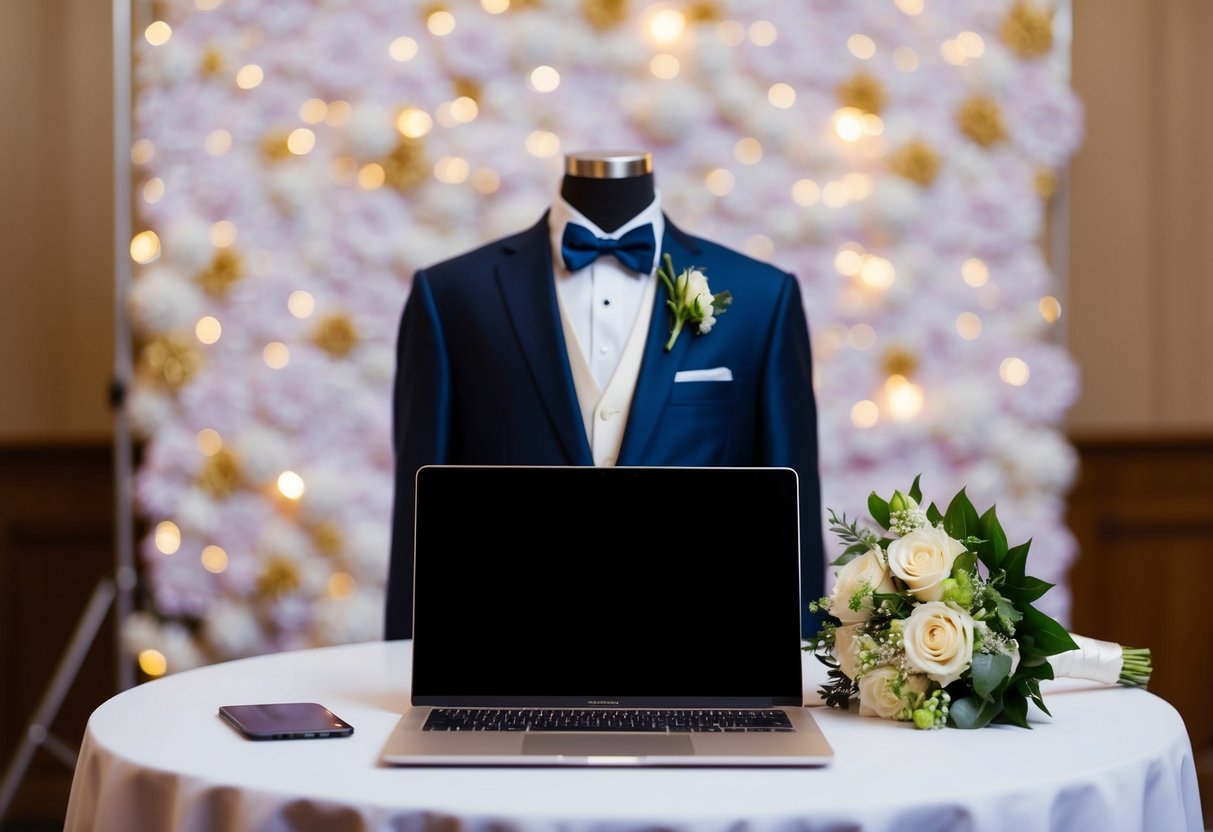 A laptop with a wedding backdrop, a formal outfit, and a bouquet of flowers on a table