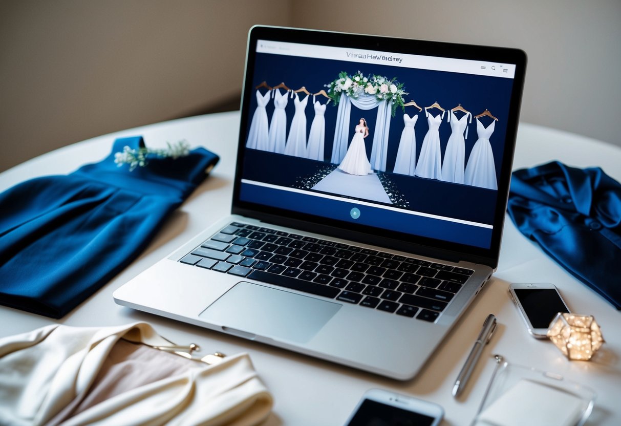 A laptop open on a table with a virtual wedding ceremony on the screen. A variety of elegant clothing options laid out nearby