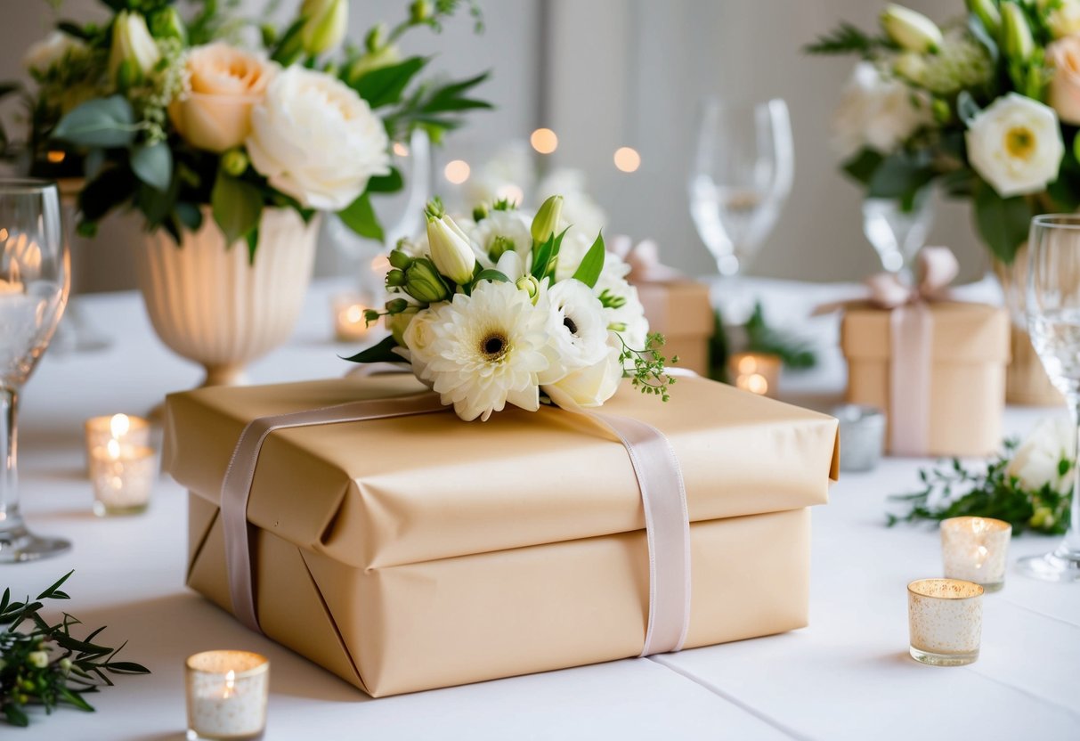 A beautifully wrapped wedding gift sits on a table, surrounded by elegant decorations and flowers