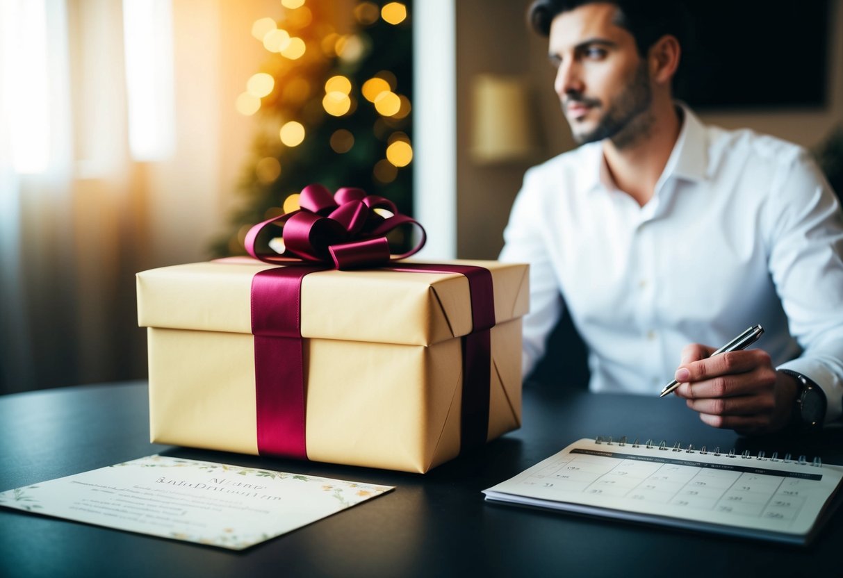 A wrapped gift box with a bow sits on a table, next to a wedding invitation and a calendar. A person looks contemplative while holding a pen