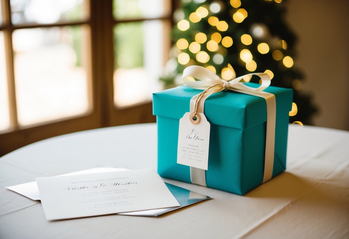 A beautifully wrapped gift box with a ribbon and a tag, placed on a table next to a wedding invitation