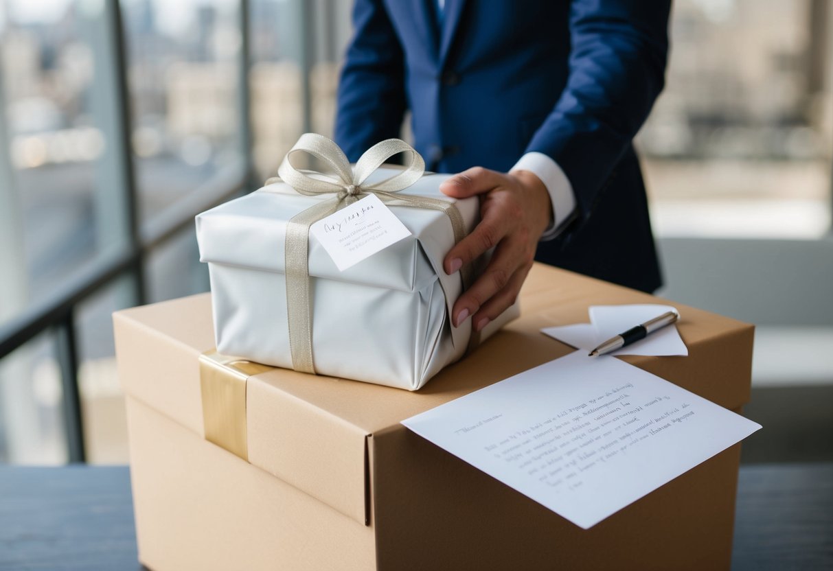 A wrapped wedding gift being placed in a shipping box, with a note and pen nearby for writing a follow-up card