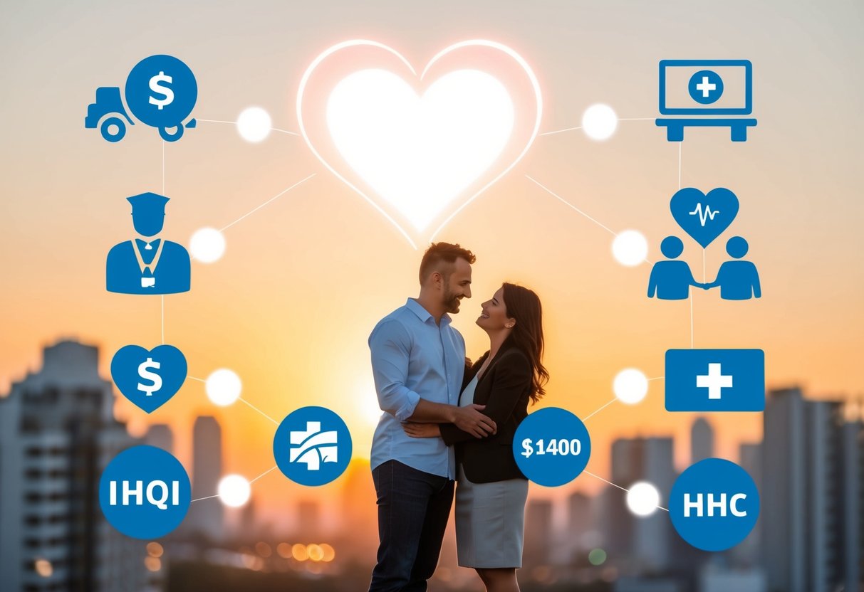 A couple standing together, surrounded by symbols of insurance and healthcare, with a glowing heart above them