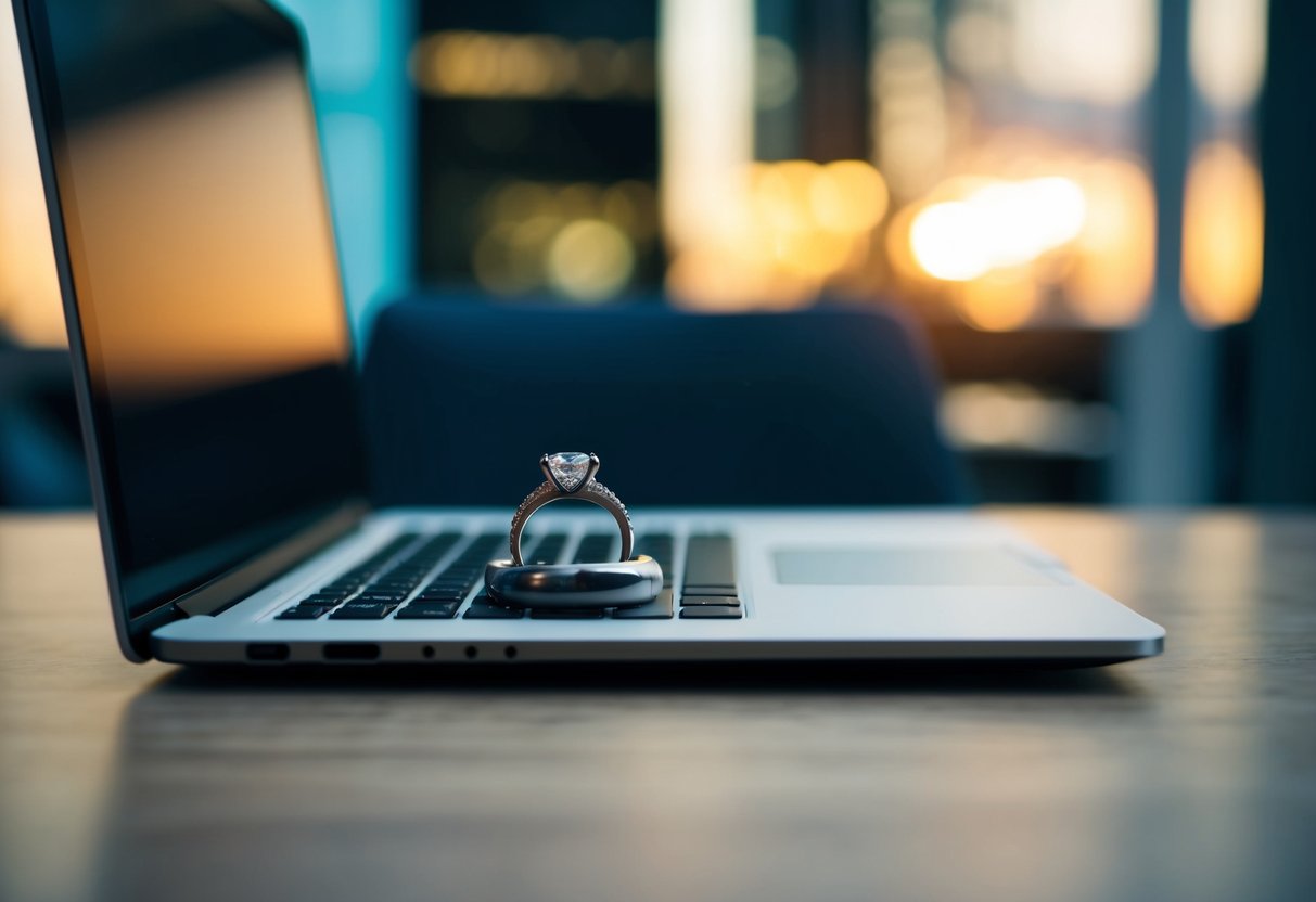 A laptop and a ring placed side by side on a table, symbolizing online marriage