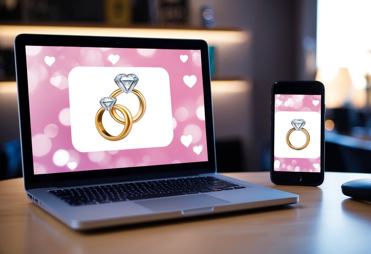 A laptop and a smartphone placed side by side, both displaying wedding ring emojis and a heart symbol