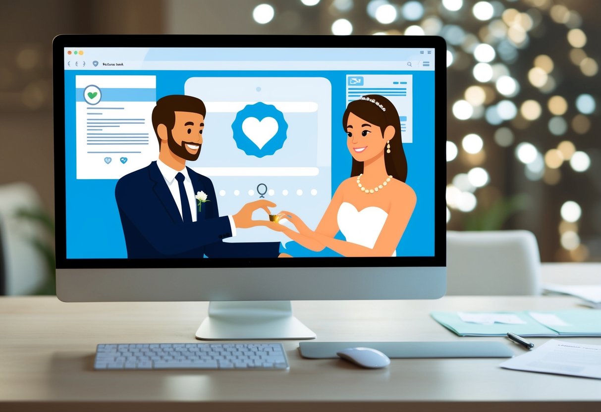 A computer screen displaying two avatars exchanging virtual wedding rings in a digital environment, with a legal contract and online marriage certificate visible in the background