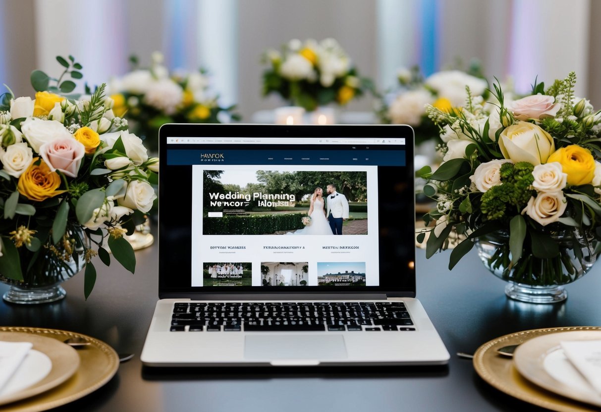 A laptop open on a table with a wedding planning website displayed, surrounded by floral arrangements and wedding decor