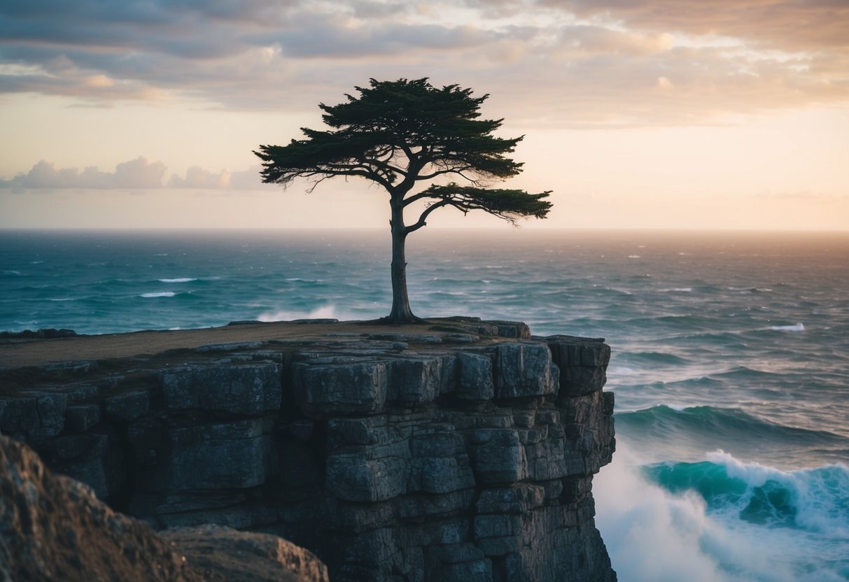 A lone tree stands tall on a rocky cliff overlooking a vast, turbulent ocean, symbolizing the courage and strength needed in marriage