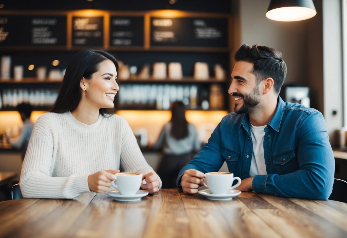 A couple meeting for the first time in a cozy coffee shop, smiling and getting to know each other over a cup of coffee