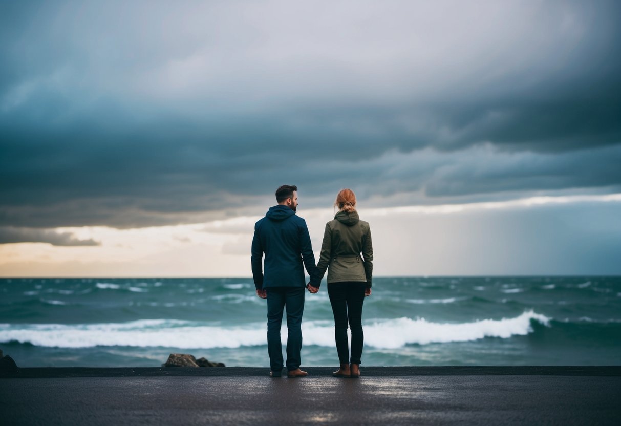 A couple standing together, facing a stormy sea, holding hands and looking determined