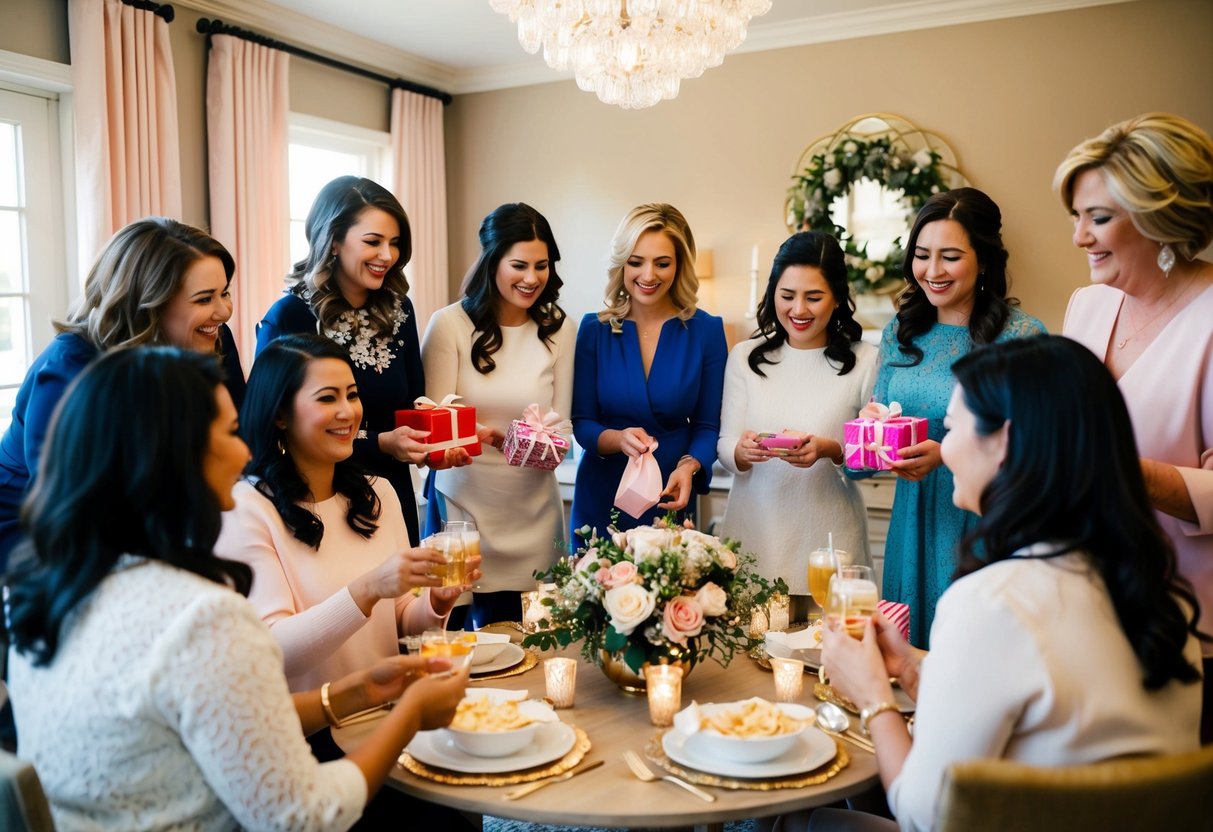 A group of women gather in a decorated room, exchanging gifts and enjoying refreshments at a bridal shower